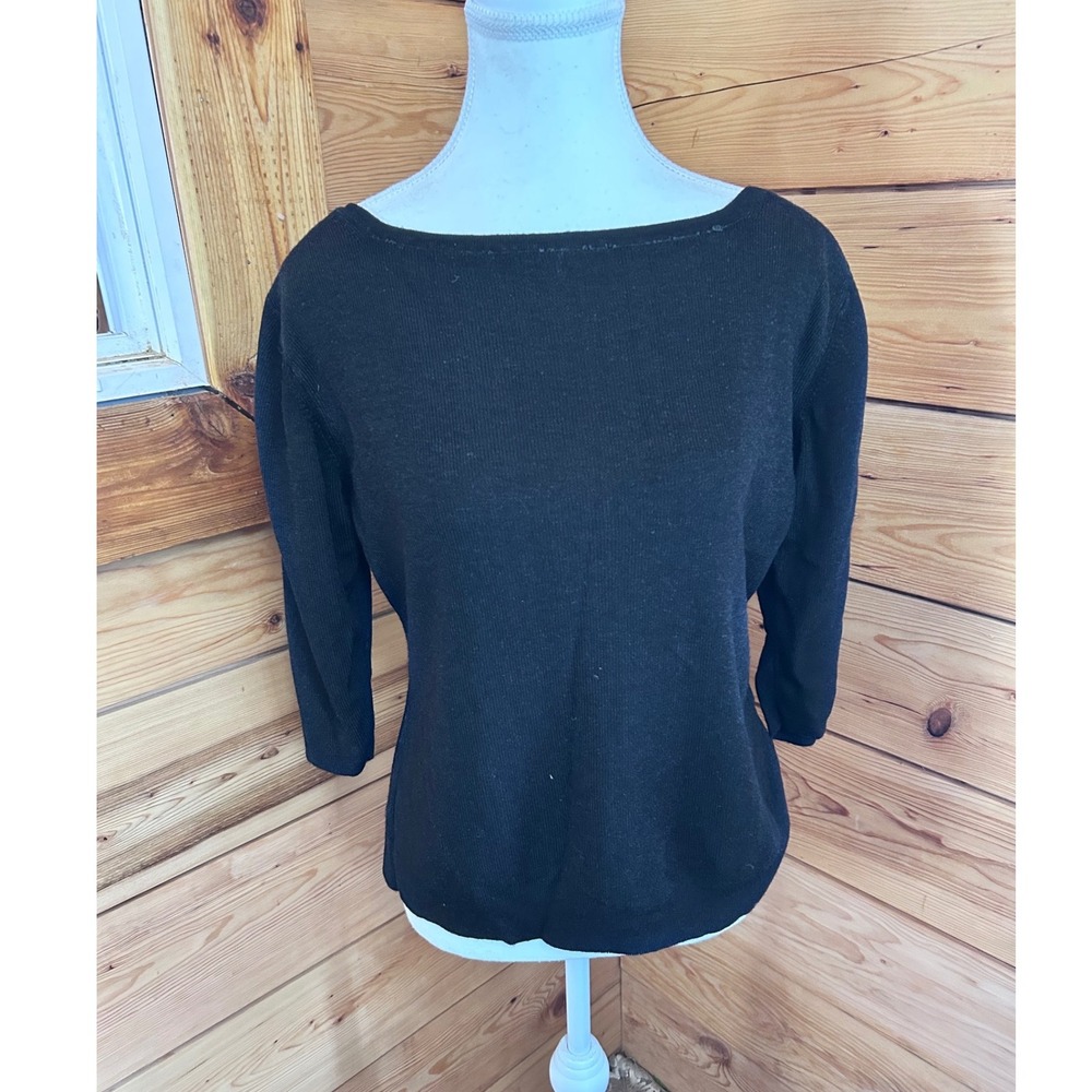 Black Cotton Rayon Blend Boatneck 3/4 Sleeve Sweater Top CA 29398